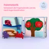 A close-up of a felt quiet book for babies, open to two pages showing different interactive elements like a snail, crab, octopus, and an apple tree with buttons. Produktbild-Vorschau
