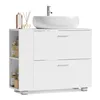 A modern white bathroom vanity with a vessel sink on top and two drawers below. Open shelving is visible on the left side. Náhled obrázku produktu