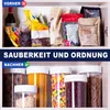 A split image showing a messy pantry shelf above and an organized pantry shelf below, demonstrating a 'before and after' concept for cleaning and organizing. Produktbild-Vorschau