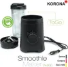 A black Korona Smoothie Maker with a clear beaker and blade attachment, presented with marketing text and logos. Produktbild-Vorschau