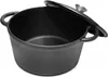 A black cast iron pot with its lid slightly ajar, shown on a white background. Podgląd zdjęcia produktu