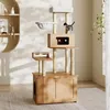 A cat tree with a litter box enclosure is set up in a room with soft lighting and shadows. Anteprima dell’immagine prodotto