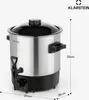 A stainless steel electric pot with a black lid and base, shown with dimensions indicated by lines and text. Produktbild-Vorschau