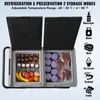 A portable dual-zone cooler with its lids open, showcasing various food and drink items inside. Icons representing beverages, water, meat, ice cream, seafood, and fruits are displayed on the right side. Produktbild-Vorschau