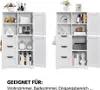 Two white storage cabinets are shown side-by-side, with one cabinet open, displaying various items inside. Below the cabinets, text indicates suitability for living rooms, bathrooms, and entryways. Produktbild-Vorschau