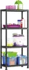 A black plastic shelving unit filled with various storage containers and items. Náhled obrázku produktu