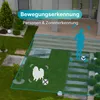A garden scene with a security camera overlay highlighting motion detection zones and a dog. Produktbild-Vorschau