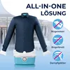 A dark blue shirt is displayed on a clothes steamer on a light blue and white background, with laundry in the background. The image also includes icons with text indicating features. Produktbild-Vorschau