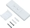 A white remote control with buttons for up, down, and stop, along with a clear plastic bracket and mounting hardware, is displayed on a white background. Produktbild-Vorschau