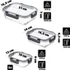 Three glass food storage containers of different sizes are shown with their dimensions and capacity information. Produktbild-Vorschau