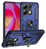 A blue phone case with a ring holder is shown from multiple angles, with a phone screen visible in the background.