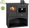 A black wood-burning stove with a glass oven door and a firebox with visible flames. Produktbild-Vorschau