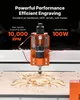 A CNC engraving machine is shown in operation, carving a design into a piece of wood. Text overlays highlight the machine's performance specifications. Produktbild-Vorschau