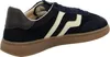 Side view of a navy blue sneaker with cream accents and a brown sole. Anteprima dell’immagine prodotto