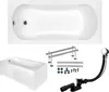 A collage of a bathtub, its accessories, and installation parts. Produktbild-Vorschau