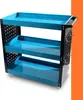 A three-tier tool cart with a pegboard side and wheels, set against a white and orange background. Produktbild-Vorschau