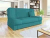 A teal sofa bed is shown in a modern living room setting with a bookshelf and a dining area in the background. Náhľad obrázku produktu