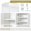 A collage of images showing different aspects of a white cabinet, including close-ups of its interior shelves and a diagram illustrating its features. Anteprima dell’immagine prodotto