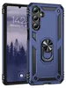 A blue rugged phone case with a ring holder is shown next to a smartphone displaying a lock screen. Produktbild-Vorschau