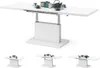 A white adjustable coffee table is shown in various configurations with decorative items on top. Three smaller images below show the table at different sizes. Produktbild-Vorschau