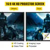 A comparison image showing a projector screen with a grid pattern (labeled 'Others') next to a projector screen with a clear, vibrant image (labeled 'Ours'). The 'Ours' screen is shown with callouts to its layers: HD Coating, Imaging Layer, Glass Fiber, an Produktbild-Vorschau
