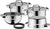A set of stainless steel cookware pieces arranged on a white background. Produktbild-Vorschau