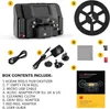 A collage of images showing a film digitizer and its accessories, along with a list of box contents. Produktbild-Vorschau