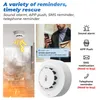 Collage of images showing a smoke detector in use, a person receiving a notification on their phone, and the smoke detector itself, along with feature icons. Podgląd zdjęcia produktu