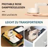 A collage showing a mini steam iron in use and packed for travel, with marketing text. Produktbild-Vorschau