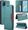 Multiple views of a teal leather flip wallet phone case, showing its features like card slots and stand functionality. Produktbild-Vorschau