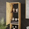 A tall bathroom cabinet with its door open, displaying various toiletries and decorative items on its shelves. Podgląd zdjęcia produktu