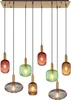 A multi-pendant light fixture with glass shades in various colors and shapes, suspended from a rectangular gold-colored base. Produktbild-Vorschau