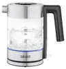 A glass electric kettle with water boiling inside, sitting on a white background. Podgląd zdjęcia produktu