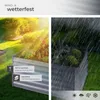 A split image showing a raised garden bed in sunny weather on the left and in heavy rain on the right, with feature callouts. Náhled obrázku produktu