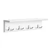 A white wall-mounted coat rack with a shelf and four silver double hooks. Produktbild-Vorschau