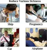 A collage of four images showing different scenarios where motion sickness can occur: on a ship, during pregnancy, in a car, and on an airplane. Each image is labeled with the scenario. Produktbild-Vorschau