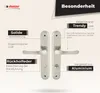 A marketing image showcasing door handles with feature callouts. Produktbild-Vorschau