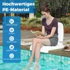 A woman is sitting on a white pool seat with her feet in the water, reading a book. The image has a blue overlay with text and icons describing product features. Podgląd zdjęcia produktu