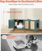 A split image showing a cat cabinet with a cat inside and a separate image of a cat next to a scattered litter box. Voir les images du produit