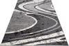 A modern rug with abstract swirls in shades of gray and white, laid out on a white background. Produktbild-Vorschau
