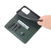 A hand is shown holding a green leather wallet-style phone case open, revealing card slots and a bill compartment. Produktbild-Vorschau
