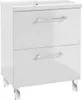 A white bathroom cabinet with two drawers and chrome handles, standing on four chrome legs. Produktbild-Vorschau