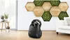 A black Bosch vacuum cleaner is placed on a wooden floor in a modern living room with a decorative wall feature made of hexagons filled with wood and greenery. Produktbild-Vorschau