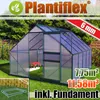 A greenhouse in a garden setting with text overlays and logos. Produktbild-Vorschau