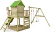 A wooden playground set with a playhouse, slide, ladder, and swings, set against a white background. Náhled obrázku produktu