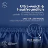 A close-up of a dark blue fabric, likely a bedsheet or fitted sheet, with text overlays describing its features. Produktbild-Vorschau