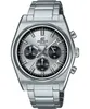 A close-up, front-facing studio shot of a silver Casio Edifice chronograph watch. Voir les images du produit