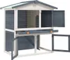 A multi-level wooden hutch for small animals, with open doors and wire mesh panels. Produktbild-Vorschau