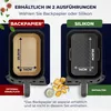 Comparison of two types of air fryer inserts: one made of baking paper and the other made of silicone. Dimensions are shown for both. Voir les images du produit