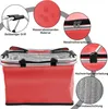 A red picnic basket with various callouts highlighting its features. Produktbild-Vorschau